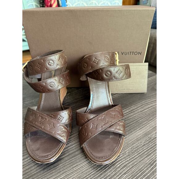 Louis Vuitton Brown Monogram Empreinte Leather CrissCross Wedge Sandals Sz. 39.5 - Picture 1 of 7